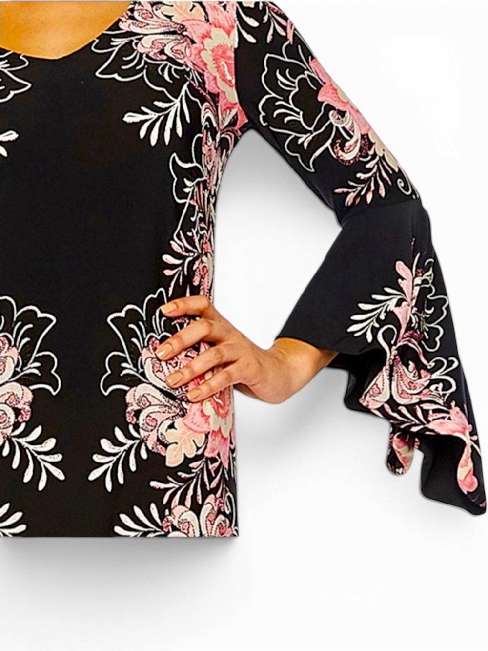 MSK Black/Pink Floral Midi Dress with Flowy Bell Sleeves - Picture 3 of 8